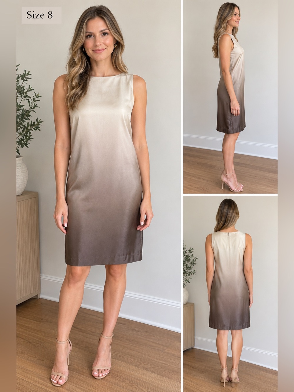 Rickie Freeman for Teri Jon women's 100% silk dress Sz 8 Ombre tan brown